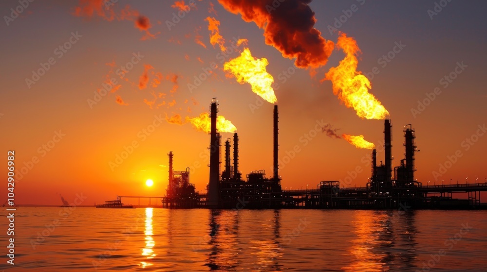 Stunning sunset over oil refinery with flames; industry, energy, and environmental impact. Captures manufacturing's beauty and complexity. Stunning sunset over oil refinery with flames; industry, energy, and environmental impact. Captures manufacturing's beauty and complexity.