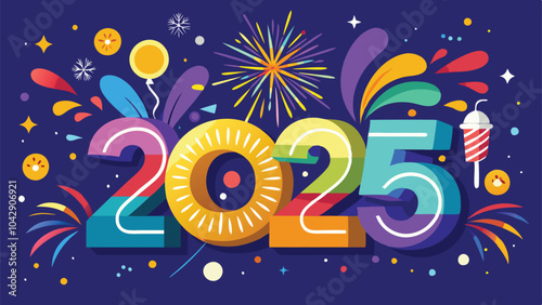 Festive Happy New Year 2025 Celebration Vector with Fireworks and Streamers in a Vibrant Background