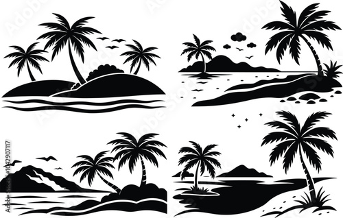 Beach Silhouette Vector Set Black and White Tropical Elements