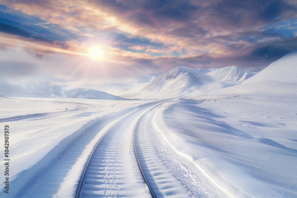 Obraz premium Snow-covered railway winding through majestic mountains under a vibrant sunset sky. Winter travel, scenic journeys, and breathtaking landscapes.