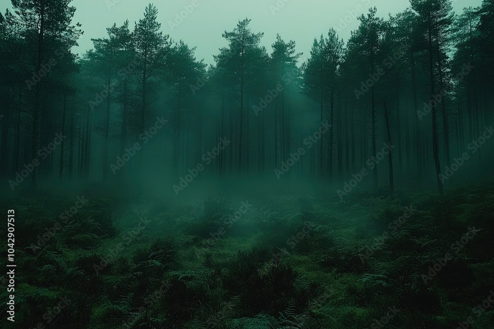 Fototapeta premium A Dense Foggy Forest with Tall Trees