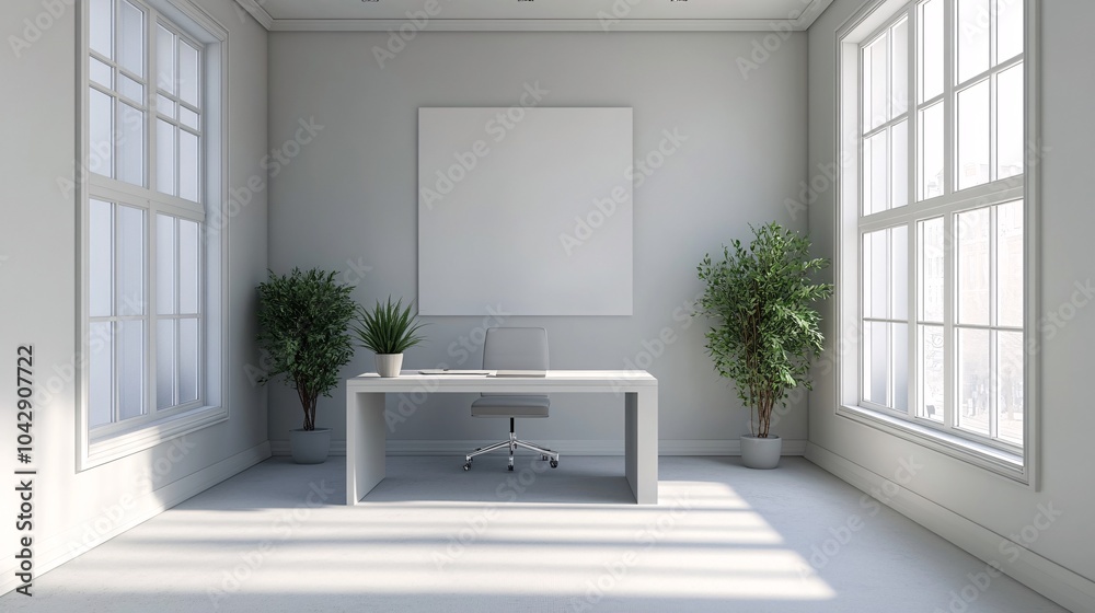 2410 13.Bright and airy office interior with a clean, empty wall, neutral tones throughout, waiting to be used for mockup design, complemented by subtle decor and minimalist desk setup. 2410 13.Bright and airy office interior with a clean, empty wall, neutral tones throughout, waiting to be used for mockup design, complemented by subtle decor and minimalist desk setup.