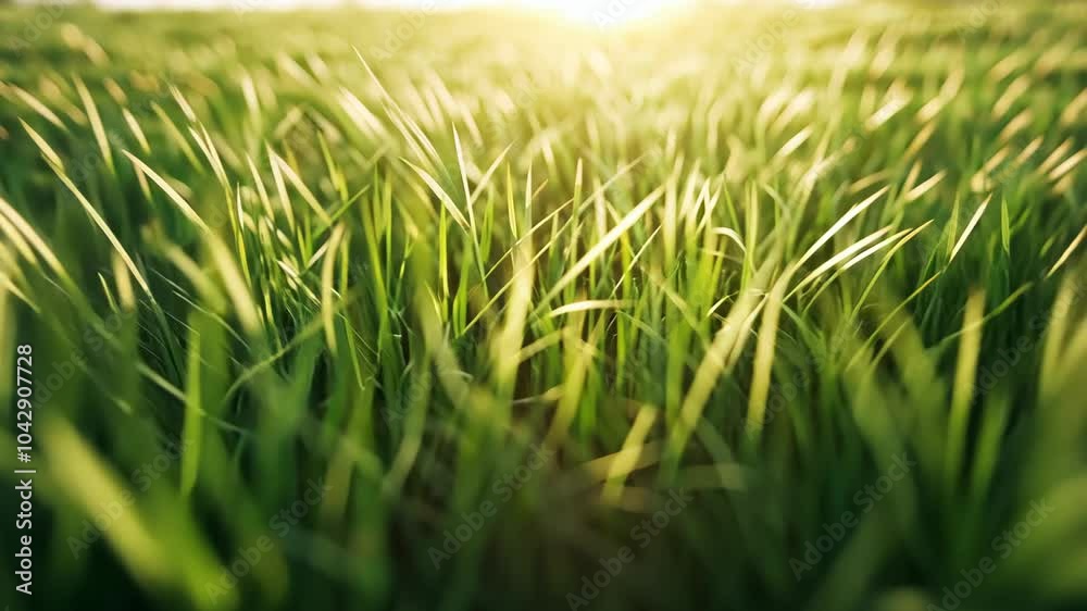 Green grass blades sway in the gentle breeze of a summer afternoon Green grass blades sway in the gentle breeze of a summer afternoon