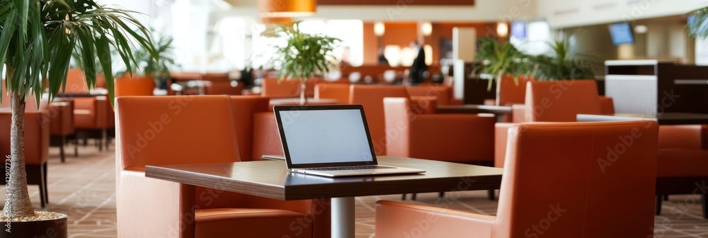 A modern caf? interior with orange seating and a laptop on a table. A modern caf? interior with orange seating and a laptop on a table.