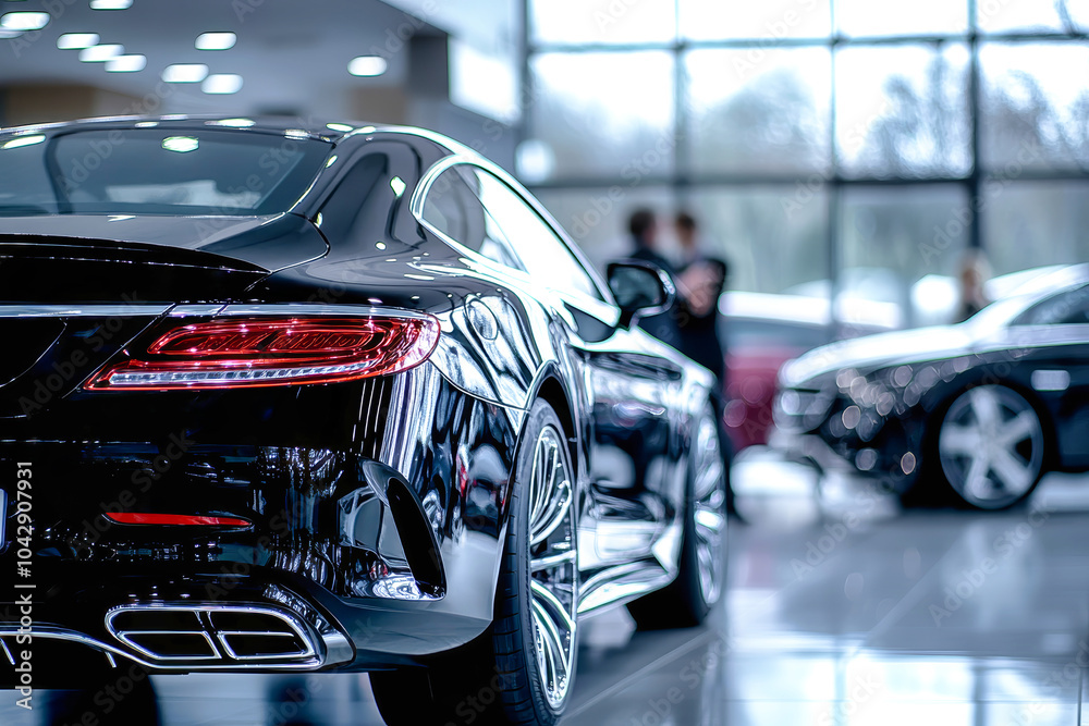 Luxury black cars showcased in a modern auto showroom with customers eagerly waiting to experience their sleek designs and features Luxury black cars showcased in a modern auto showroom with customers eagerly waiting to experience their sleek designs and features