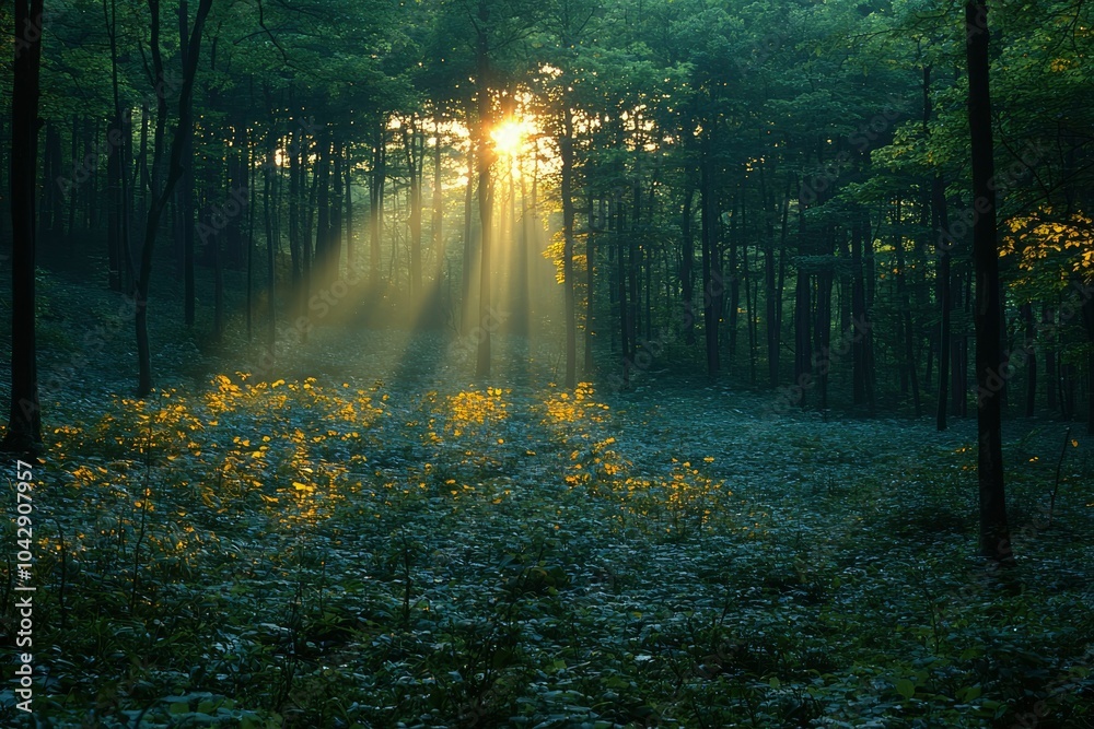 Obraz premium Sunbeams Illuminating a Dense Forest Floor
