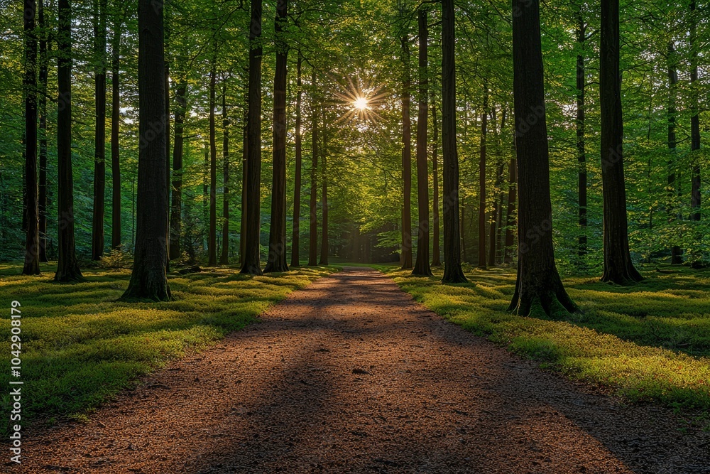 Fototapeta premium Sunbeams Illuminating a Path Through a Dense Forest