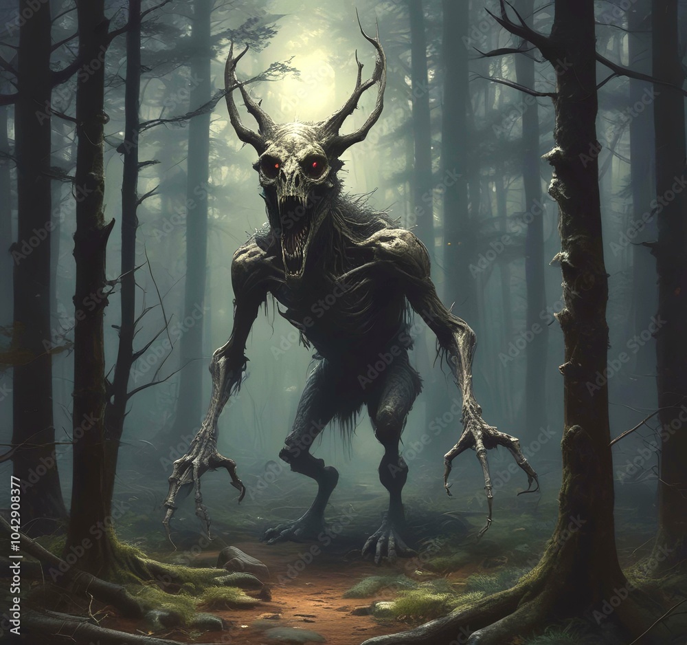 Illustration of creepy monster in woods. Illustration of creepy monster in woods.