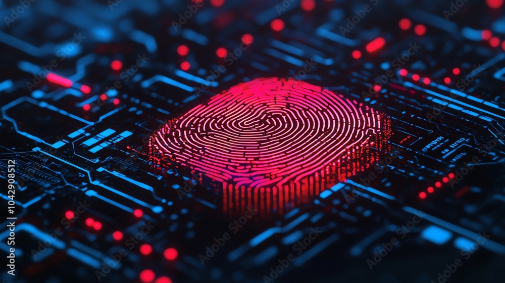 A futuristic digital fingerprint being scanned, with layers of security shields and encrypted codes surrounding it in vibrant colors A futuristic digital fingerprint being scanned, with layers of security shields and encrypted codes surrounding it in vibrant colors