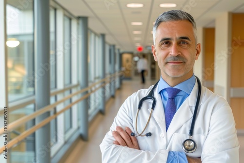 Confident male doctor in hospital corridor wearing a stethoscope and white coat. healthcare professionalism, trust, and medical expertise.