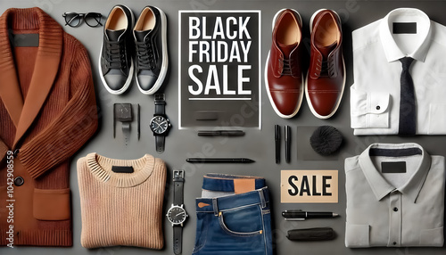 Flat lay of clothing, shoes, accessories, Black Friday sale, top view, copy space.