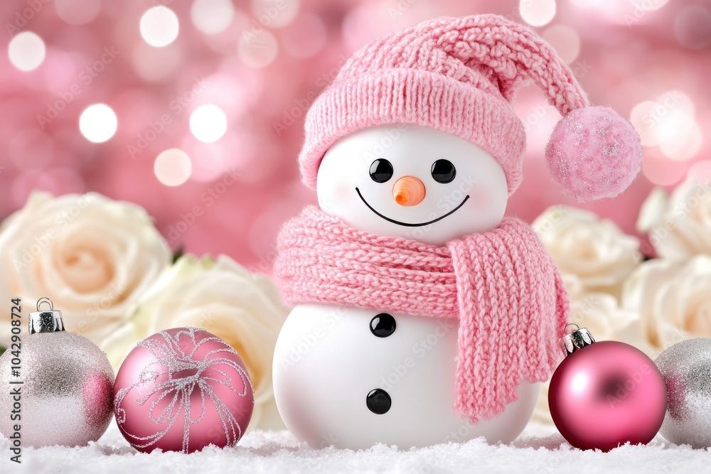 Obraz premium Smiling snowman in pink hat and scarf with baubles and roses, snowy pink background. winter decoration, holiday cheer, and festive ambiance.