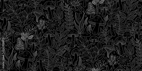 Thin White Line Art Illustration featuring Seamless Pattern of Various Mushrooms and Plants, Herbs and Leaves on Black Background. Design for Textiles, Fabrics, Wallpapers, Wrappings.