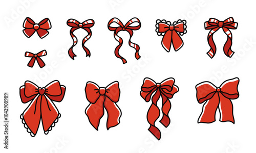 Set of elegant red bow knots, gift bows. Collection of beautiful holiday decorative elements, festive present decorations. Hand drawn vector illustration isolated on white background