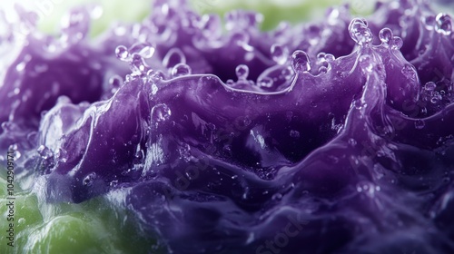 Dark purple and neon green jelly, plain white background, blackberry and lime juice, glossy and vibrant, energetic and bold. photo