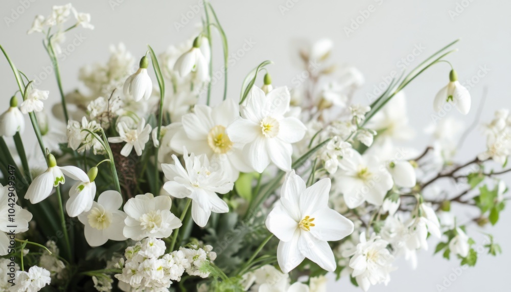 A close-up of a bouquet of white flowers, including daffodils and snowdrops. A close-up of a bouquet of white flowers, including daffodils and snowdrops.