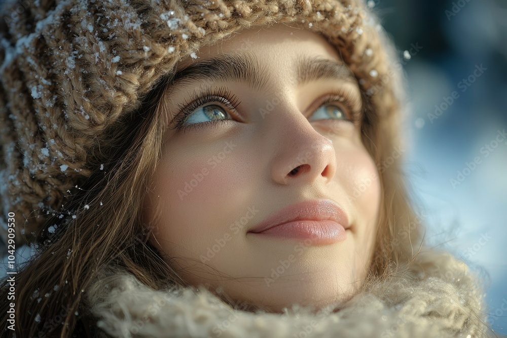 Close-up Portrait of a Woman in a Knit Hat Covered in Snowflakes Close-up Portrait of a Woman in a Knit Hat Covered in Snowflakes