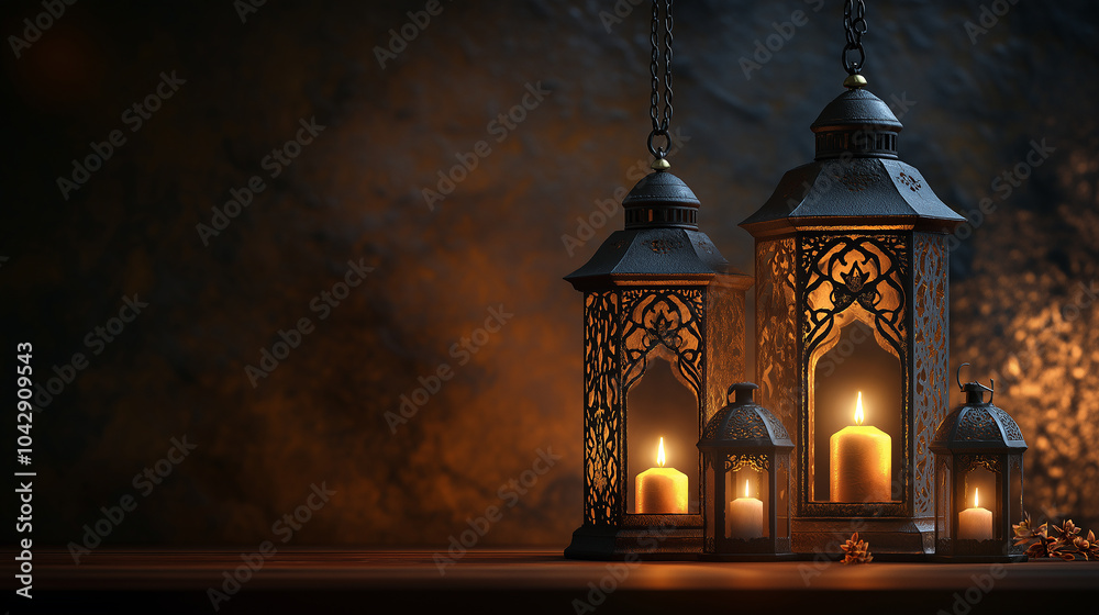 A row of lanterns with a dark background behind them with Ramadan Background, Eid mubarak A row of lanterns with a dark background behind them with Ramadan Background, Eid mubarak