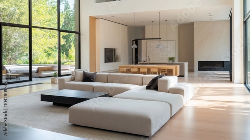 Modern minimalist living room with sleek sofa and neutral decor. Featuring clean lines and spacious layout. Showcasing uncluttered design. Ideal for real estate staging