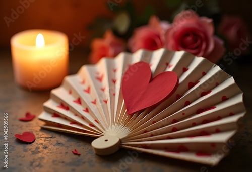 Romantic paper fan in the shape of a heart in a warm candlelit setting