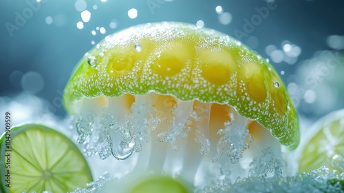 Green and coral jelly, white backdrop, lime juice droplets, glossy finish, playful and bright. photo