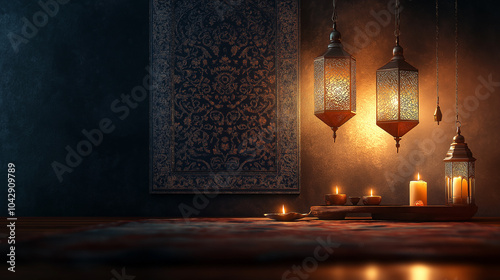 A table with three lights and a table with candles on it with Ramadan Background, Eid mubarak