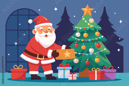 Santa Claus putting gift under Christmas tree