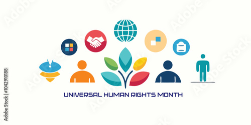 Universal human rights month concept with diverse symbols and icons for awareness campaigns