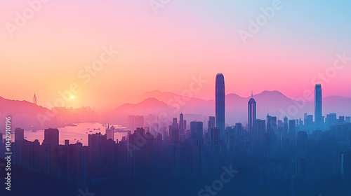 Flat illustration of Hong Kong's skyline, with Victoria Peak and skyscrapers in silhouette, set against a soft gradient transitioning from dawn's pink to blue, minimalist design, clean lines, photo