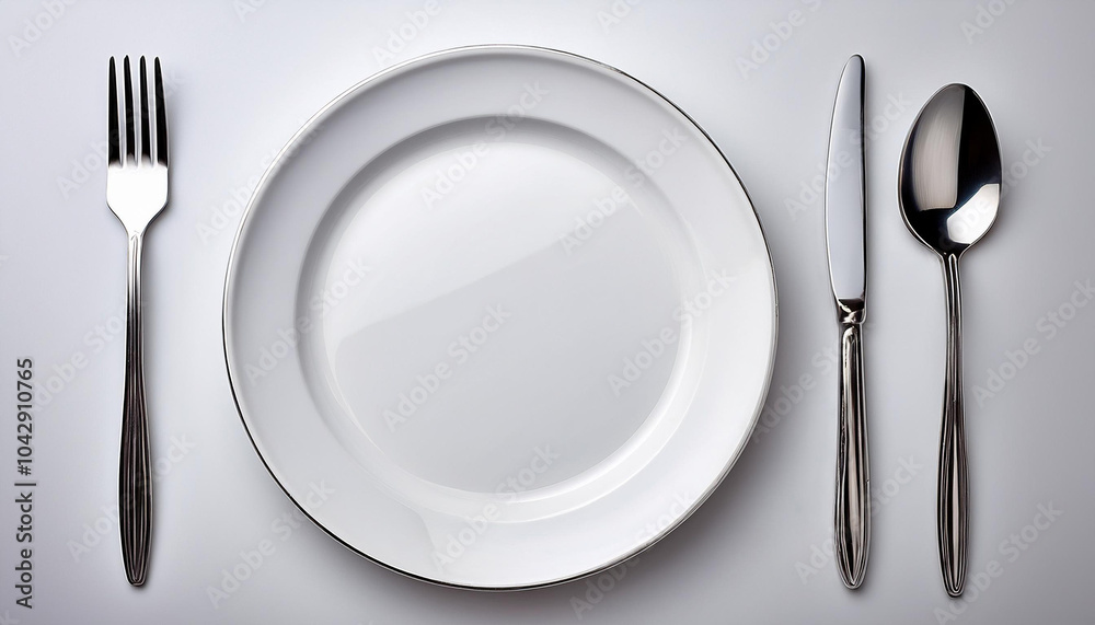 Mesa puesta para comer con plato y cubiertos sobre fondo blanco Mesa puesta para comer con plato y cubiertos sobre fondo blanco