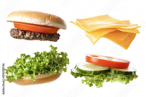 Deconstructed cheeseburger with all the fixings is shown with each ingredient floating separately on a white background. This image would be perfect for advertising or editorial use