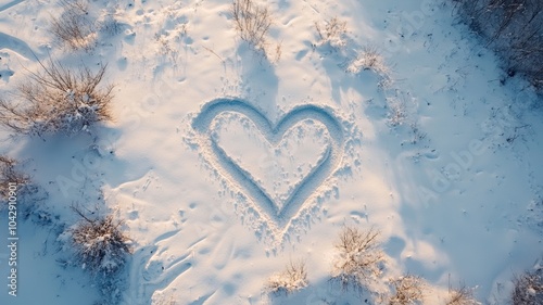 Symbol of love with Heart shape drawn by hand on pure white,snow heart in the snow,Heart drawing on snowdrift,Couple draw on the snow love,lettering,valentine,Postcard,concept love of the holiday.