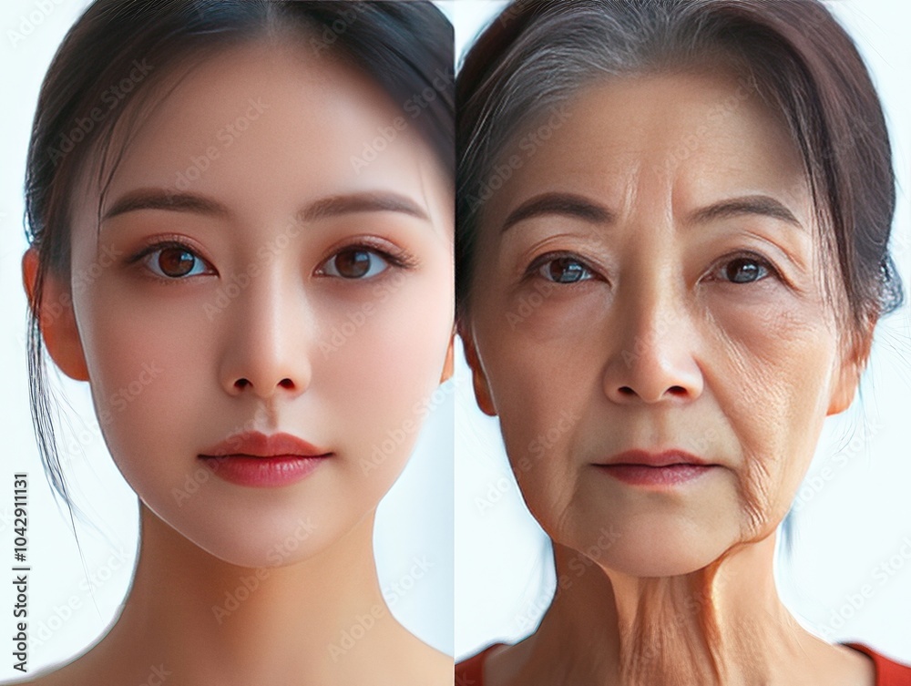 Attractive Asian woman with smooth skin and older woman with wrinkles aging concept Attractive Asian woman with smooth skin and older woman with wrinkles aging concept
