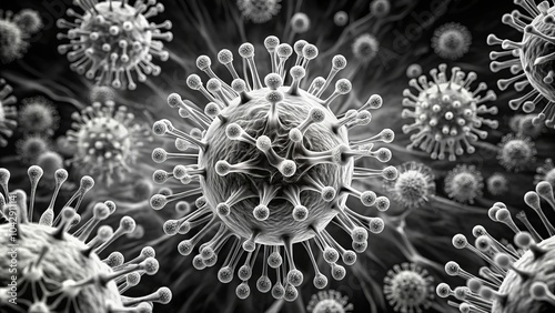 Abstract Virus Design in Black and White with Long Exposure Effects, Artistic Representation of Pathogens, Unique Visuals for Scientific Themes, Modern Graphics, Creative Backgrounds