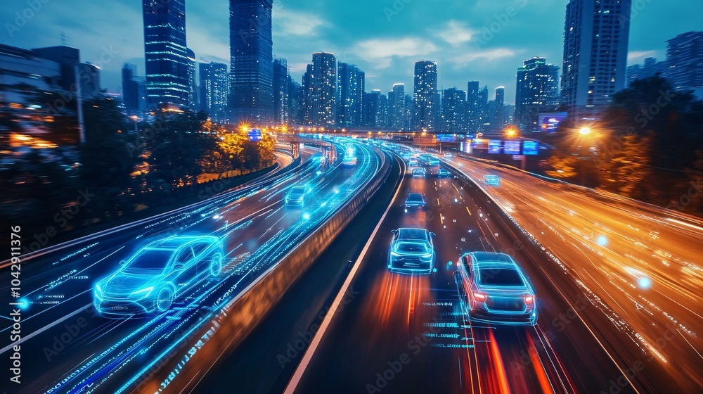 Fototapeta premium 2410 32.A highway scene at dusk featuring sleek autonomous cars traveling in sync, with bright sensors and data points floating around, illustrating advanced AI-driven communication between vehicles.