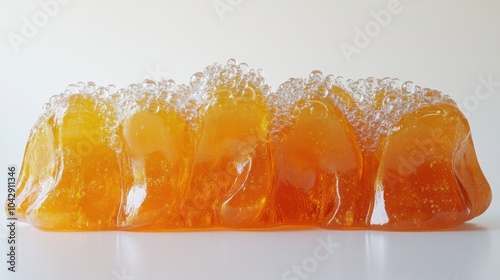 Orange and mint jelly, white background, apricot juice drops, clear and smooth surfaces, warm and cool contrast. photo