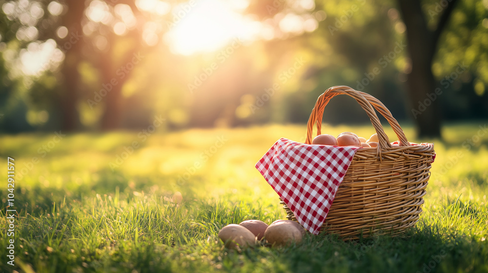 Wicker picnic basket with a red and white checkered cloth on it, set on a grassy field in park Wicker picnic basket with a red and white checkered cloth on it, set on a grassy field in park