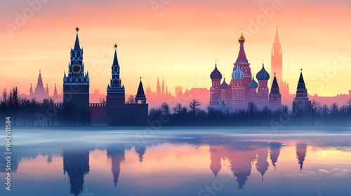 Flat illustration of Moscow's Red Square, with Saint Basil's Cathedral and the Kremlin in silhouette, set against a frosty gradient background, minimalist design, clean lines, muted winter colors, photo