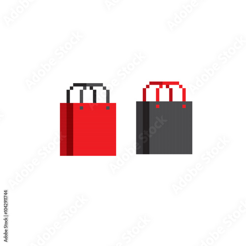 Red and black shopping bags pixel art icon. Design for logo, web, mobile app, sticker, badges and patches. Video game sprite. 8-bit. Isolated vector illustration.