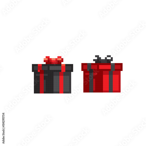 Red and black giftboxes pixel art icon. Design for logo, web, mobile app, sticker, badges and patches. Video game sprite. 8-bit. Isolated vector illustration.