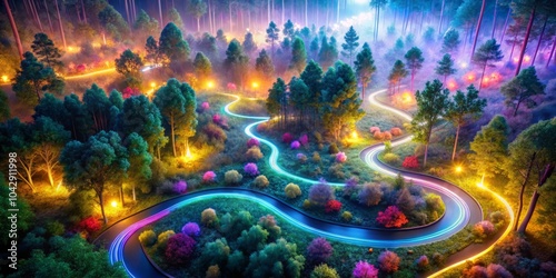 A Mystical Neon-Lit Path Through a Dense Ethereal Forest - Enchanted Nature, Aerial Photography, Vibrant Colors, Forest Trails photo