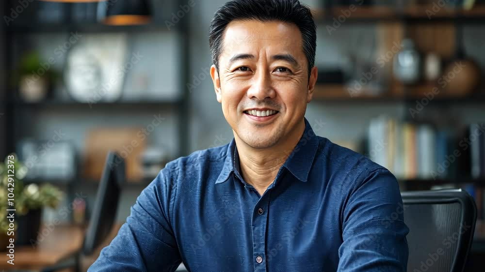 A man wearing a blue shirt smiles while sitting at his desk in an office A man wearing a blue shirt smiles while sitting at his desk in an office