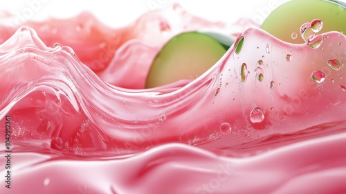 Pink and green jelly, white background, watermelon juice, smooth textures, playful contrast. photo