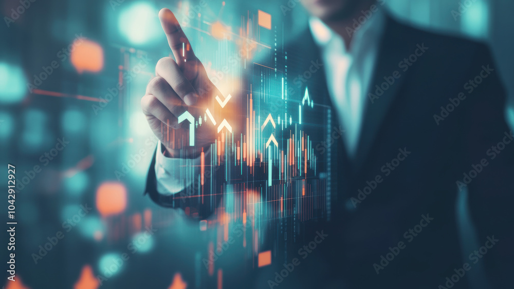 Obraz premium Man in a suit pointing at a graph on a screen.