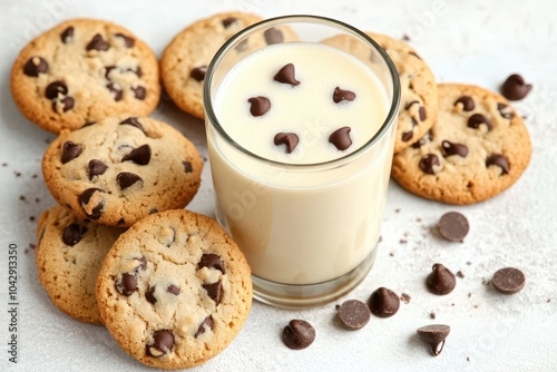 Fresh milk glass with chocolate chip cookies on white backdrop