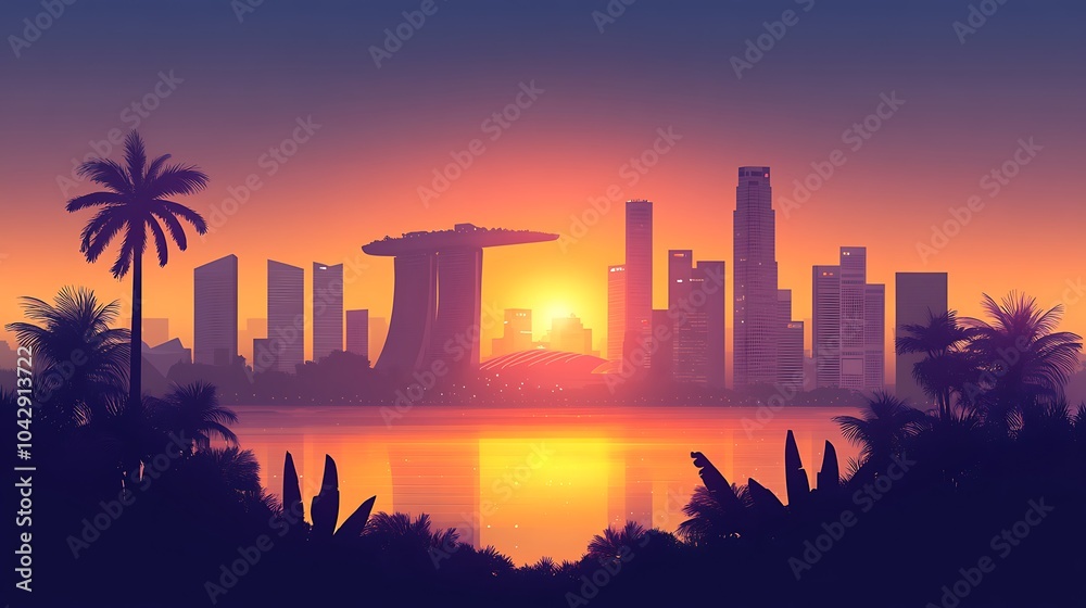 Obraz premium Flat illustration of Singapore’s skyline, with Marina Bay Sands and the Gardens by the Bay in silhouette, set against a tropical sunset gradient, minimalist design, clean lines, muted colors,