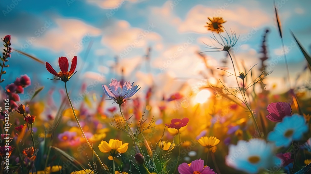 Serene field of blooming daisies and wildflowers in a sunlit meadow Serene field of blooming daisies and wildflowers in a sunlit meadow