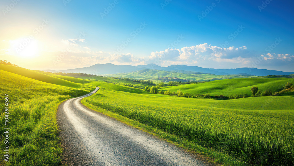 Winding road leading through rolling green hills under a blue sky with fluffy clouds. Winding road leading through rolling green hills under a blue sky with fluffy clouds.