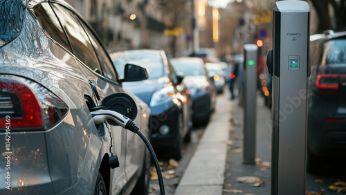 Electric car charging at a charging station on a city street.