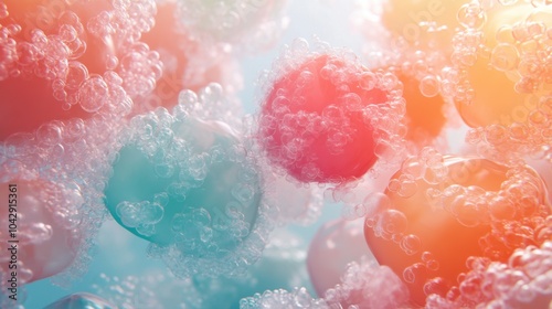 Top view of coral and teal jelly, minimal white setting, watermelon juice, glossy surfaces, vibrant and modern composition. photo